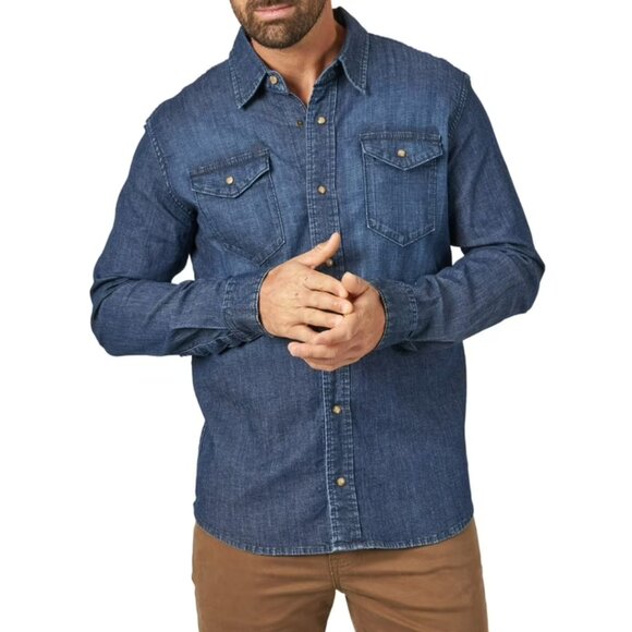 Wrangler Denim Jean Shirt Pearl Snap Indigo Mens Small Cotton Blue Pockets NWT - Picture 1 of 14